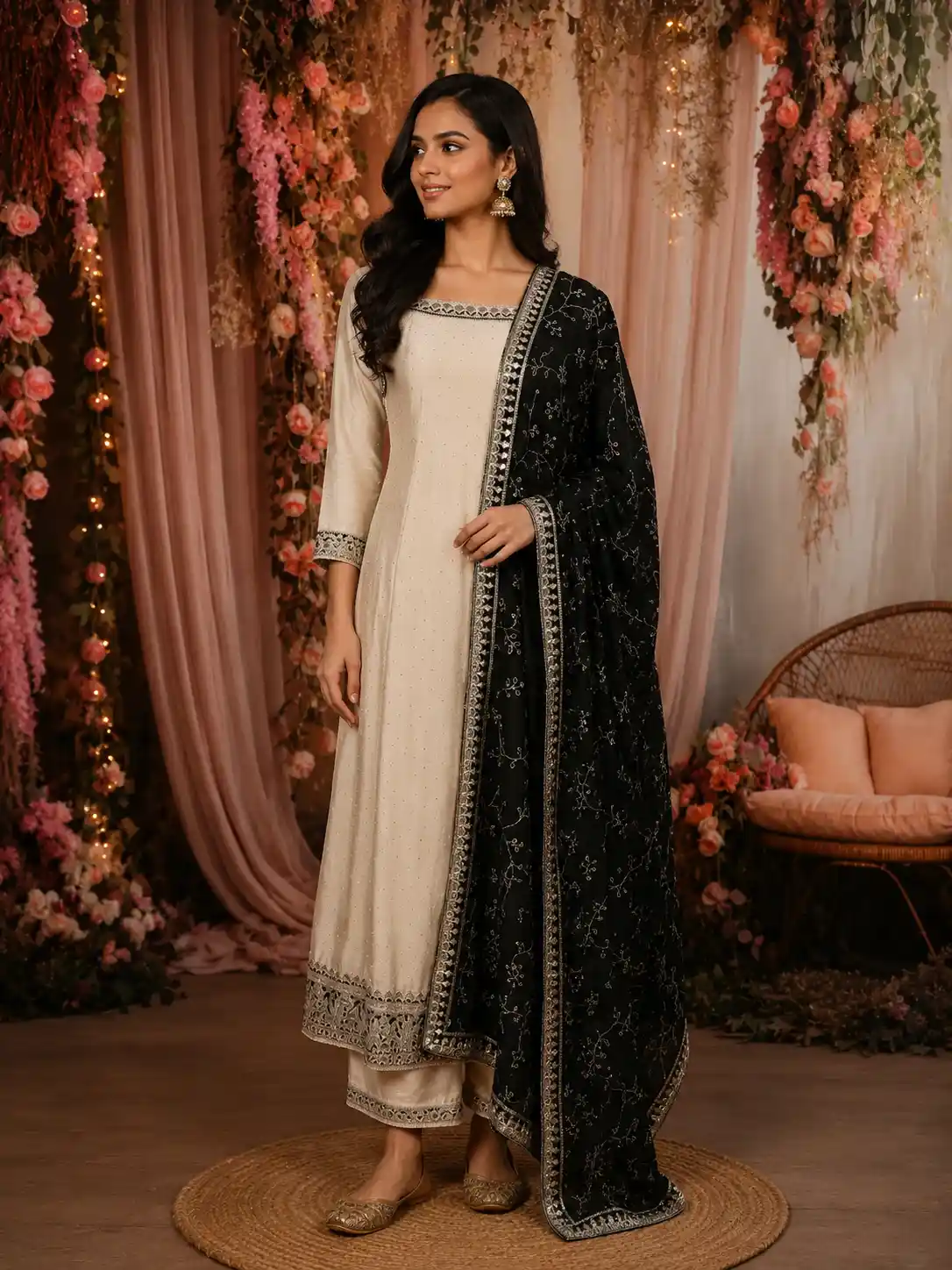 Soft Ivory Floral Zari Embroidered Design Organza Anarkali Salwar Suit with Contrast Dupatta